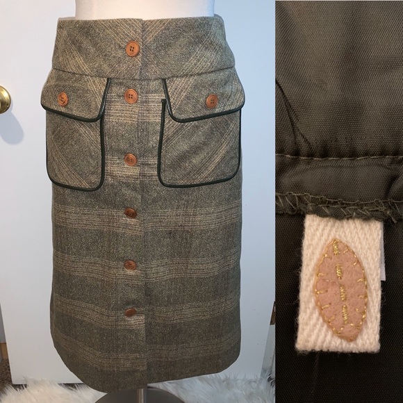 Wool Plaid Skirt Green Brown academia preppy Sz S pockets - Picture 1 of 8